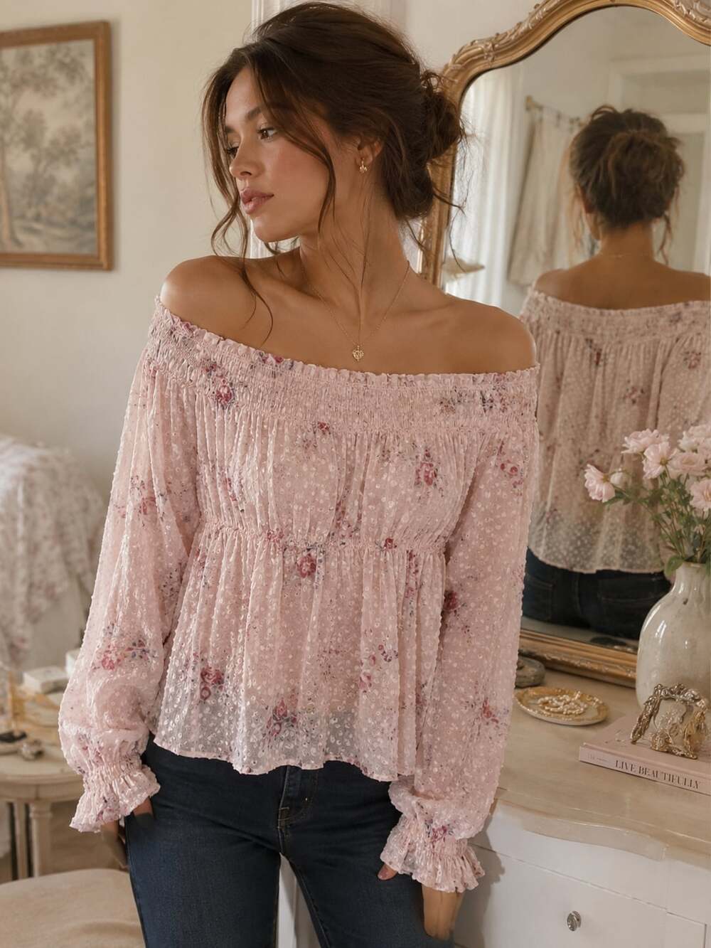 LoveShackFancy Pink Silk Floral Swiss Dot Off Shoulder Peasant Blouse M